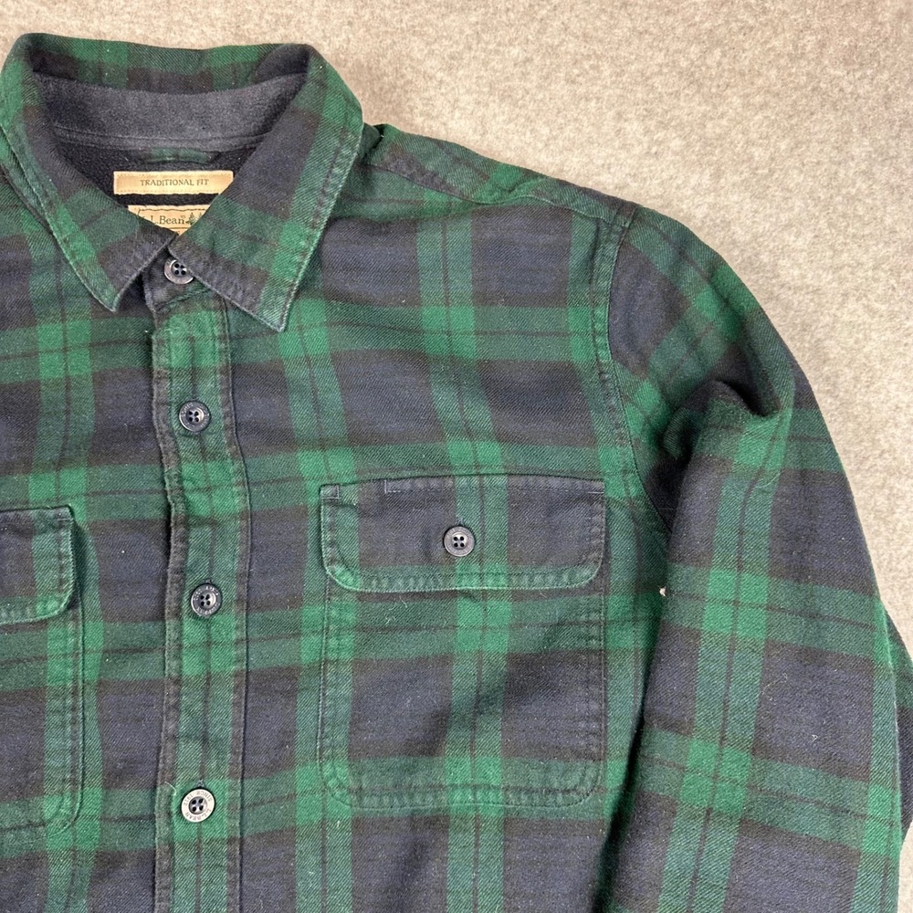 LL Bean Fleece Lined‎ Flannel Shirt Jacket Mens Large Green Plaid 298189